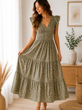 No Comment Olive Green Smocked Midi Dress L 100% Rayon Cottagecore Boho Floral